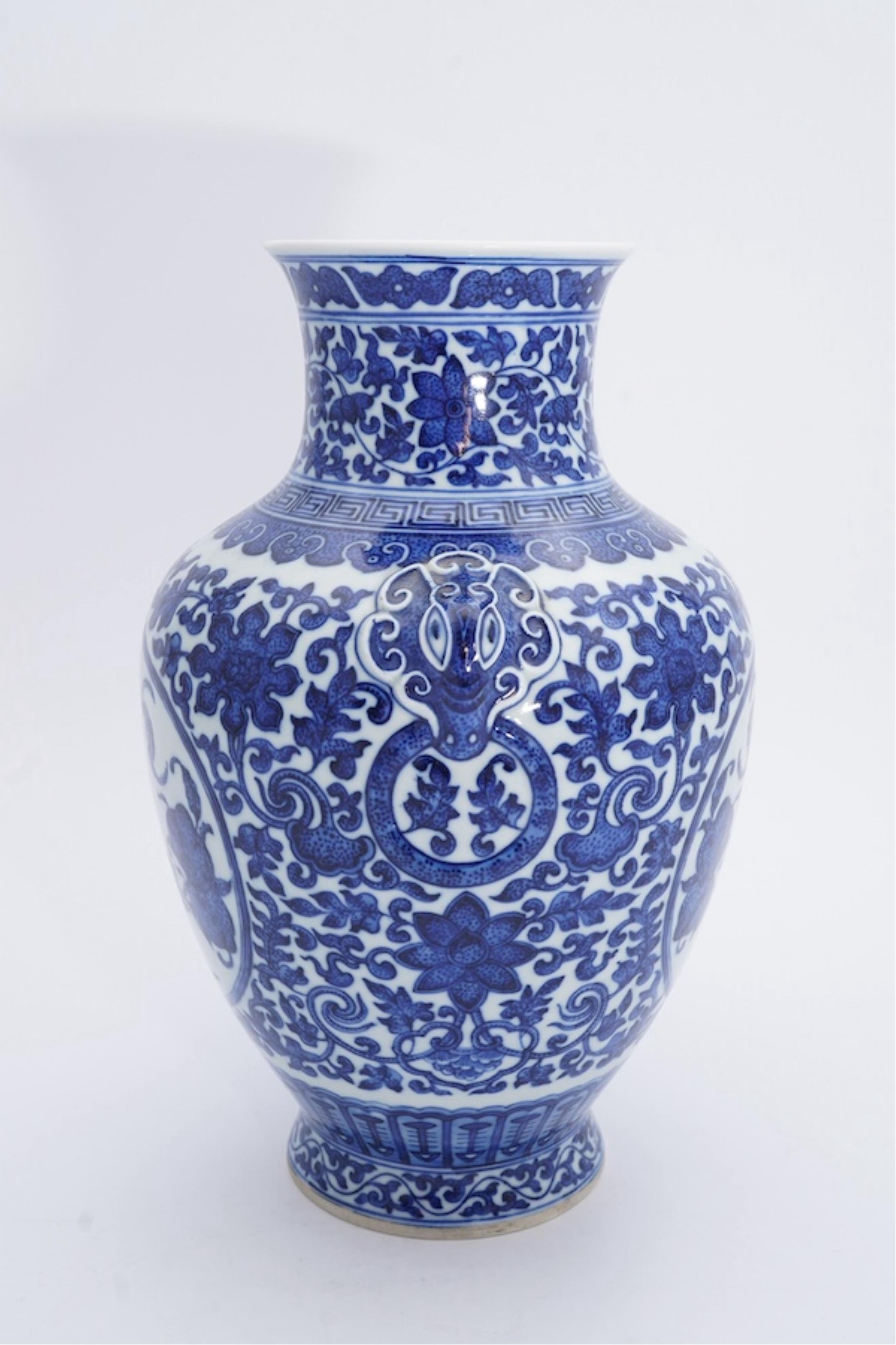 A Chinese blue and white 'peaches' vase, Qianlong mark but later, 27cm high. Condition - good